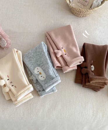Winter Kids Girls Leggings Cotton Ears Plus Velvet Infant Baby Girls Tight Casual Elastic Waist 0-5Y Toddler Girls Basic Bottoms