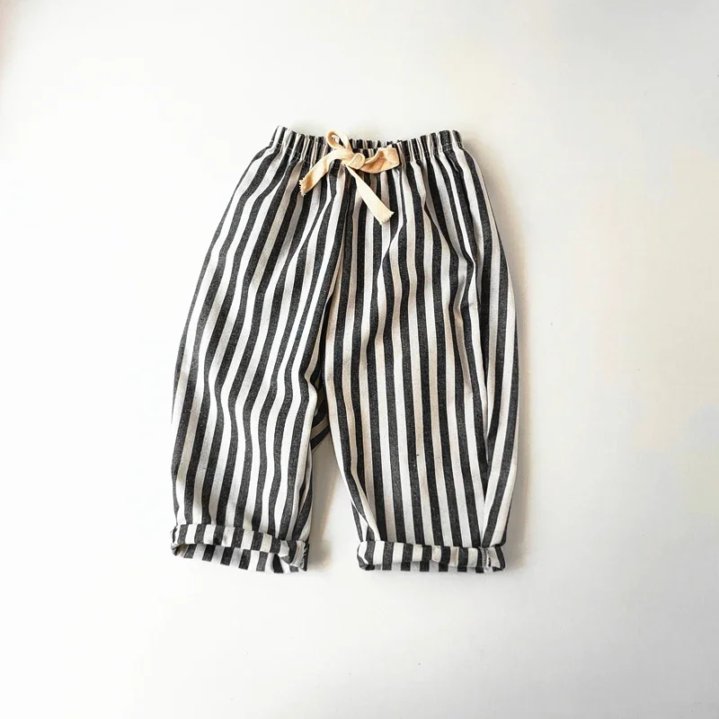 Spring Summer Boys Striped Loose Pants Baby Girl Vintage Casual Linen Cotton Harlan Pants Kids Lace-up Pant Children Clothing - Image 3