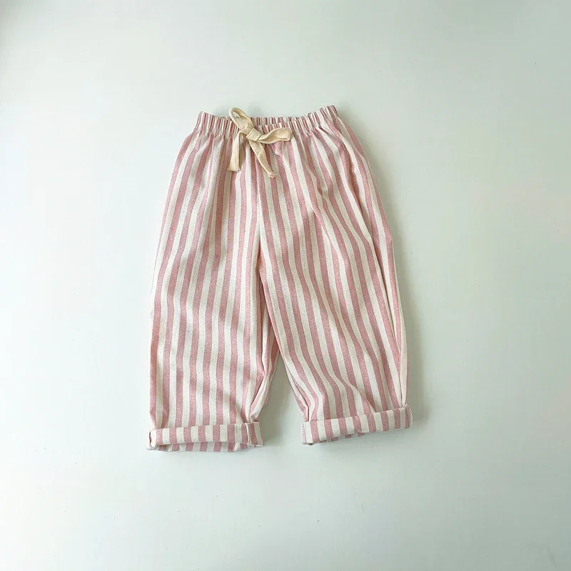 Spring Summer Boys Striped Loose Pants Baby Girl Vintage Casual Linen Cotton Harlan Pants Kids Lace-up Pant Children Clothing - Image 4