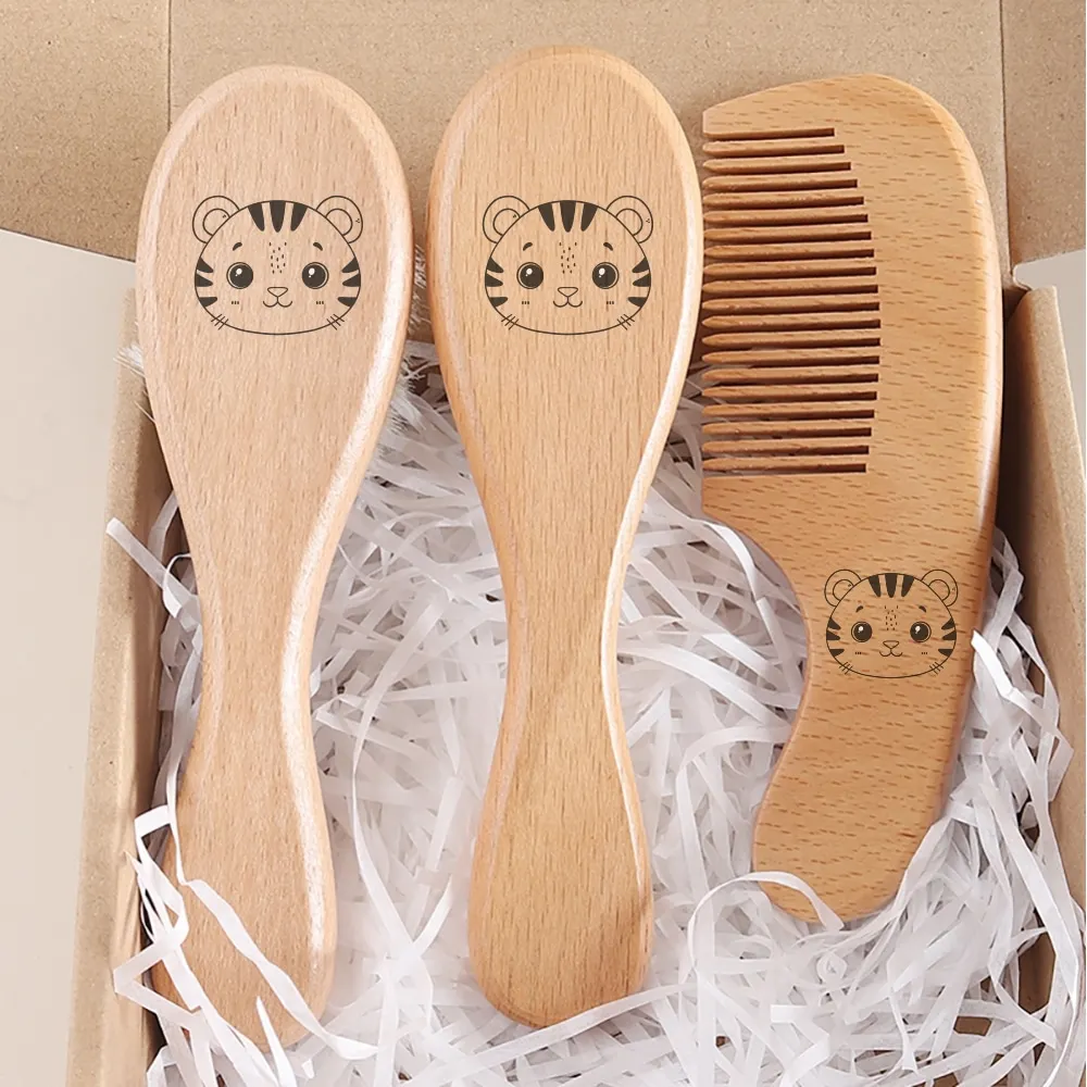 3pcs set engraving panda baby comb brush set newborn gift set Natural Wool beech Wooden Comb Baby Hair Brush air cushion comb - Image 5