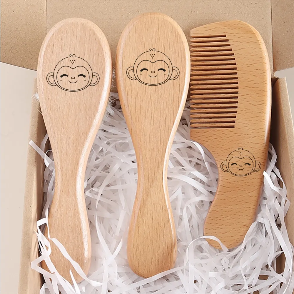 3pcs set engraving panda baby comb brush set newborn gift set Natural Wool beech Wooden Comb Baby Hair Brush air cushion comb - Image 4