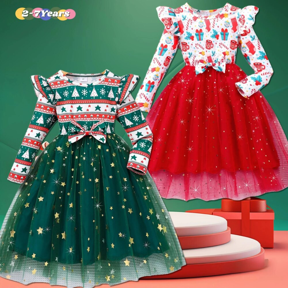 New Christmas Kids Girls Dress Spring Autumn Long Sleeve Bow Christmas Style Children Dress Holiday Gifts Soft Girls Clothing