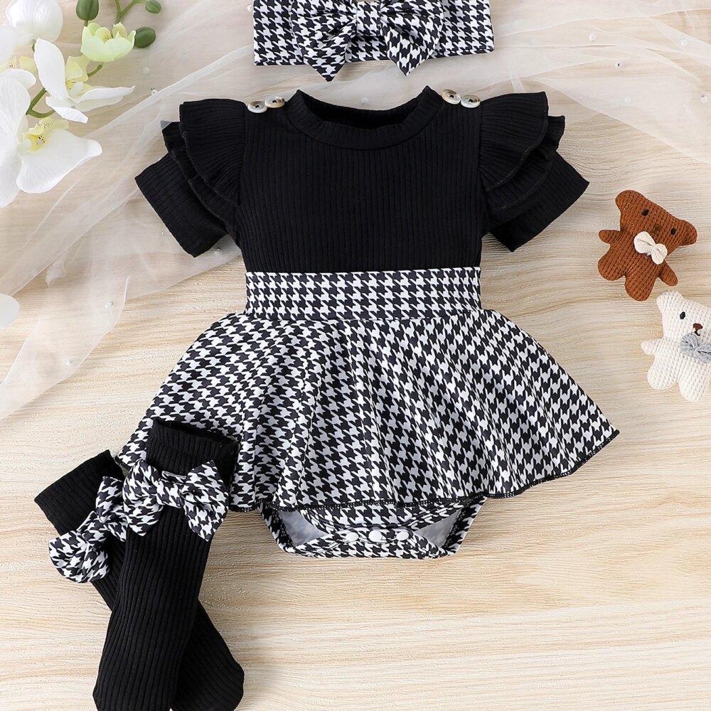 3PCS  Summer new style girls 0-1 years old sweet and lovely short-sleeved houndstooth dress
