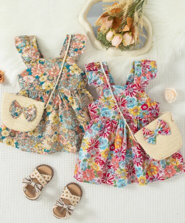 2 Pcs Summer New Baby Girl Dress Fashionable Floral Fly Sleeve Cotton Dress with Crossbody Bag Suitable for Babies Aged 0-3