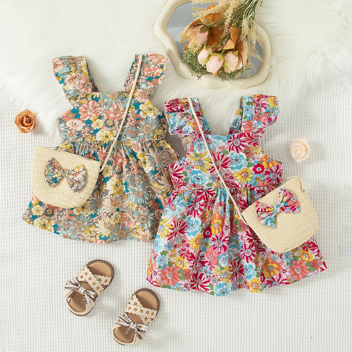 2 Pcs Summer New Baby Girl Dress Fashionable Floral Fly Sleeve Cotton Dress with Crossbody Bag Suitable for Babies Aged 0-3