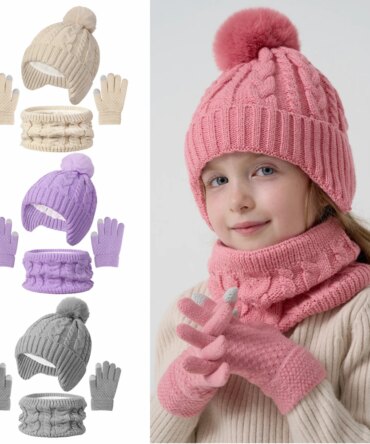 3Pcs Children Knitted Hat Scarf Gloves Set Fleece Lining Warm Kids Winter Hat Neck Warmer Suit Child Bonnet Cap Kids Beanie 3-8Y