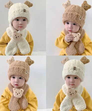 Winter Baby Plush Hat Scarf Set Cartoon Bear Beanies Warm Velvet Infant Neckerchief 6-24Month Kids Ear Protection Pullover Cap