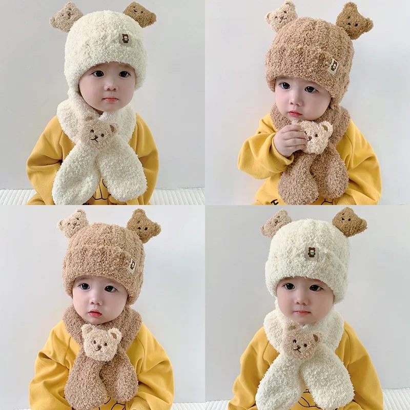 Winter Baby Plush Hat Scarf Set Cartoon Bear Beanies Warm Velvet Infant Neckerchief 6-24Month Kids Ear Protection Pullover Cap