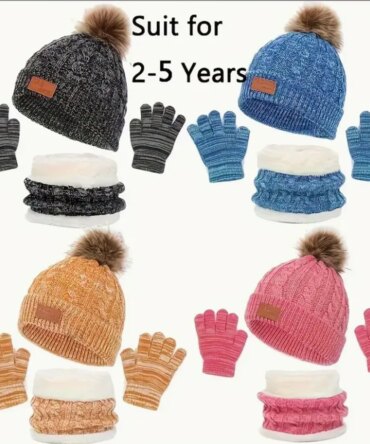 3pcs/set Winter Children's Warm Plus Velvet Scarf Baby Knitted Hat Hat Gloves For 2-8 Y Best for Christmas Thanksgiving