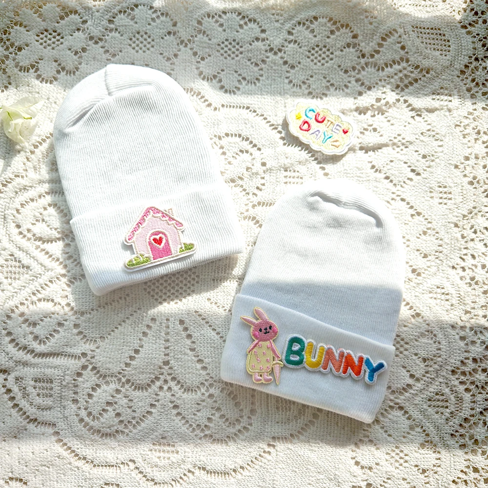 0-6Months Cute Cartoon Label Hat Newborn Knitted Beanie Hats Toddler Crochet Warm Hat Baby White Knit Hat Bonnet Baby Cloth Item