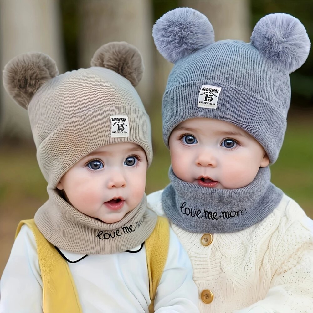 2pcs Winter Baby Hat Scarf Set Toddler Girl Boy Cap Knitted Beanie Fur Ball Cartoon Bear Snow Outfit Infant Accessories