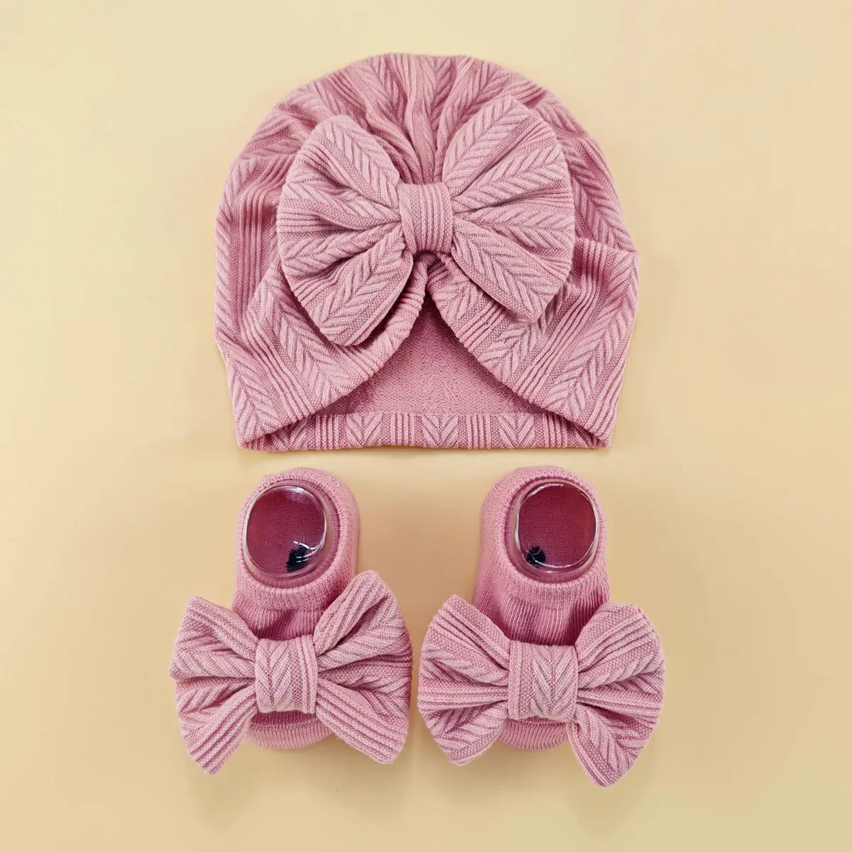 4pcs/set Newborn baby hat with headband gloves socks set Infant Felt Cute Bow Headwraps Baby Gloves Socks 0-6M Beanies - Image 3