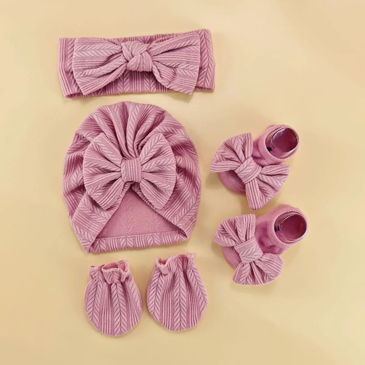 4pcs/set Newborn baby hat with headband gloves socks set Infant Felt Cute Bow Headwraps Baby Gloves Socks 0-6M Beanies - Image 2