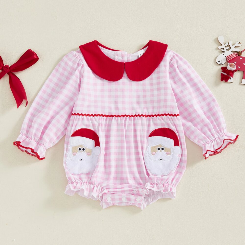 Toddler Girl Winter Plaid Romper with Long Sleeves and Cute Santa Claus Embroidery Festive Doll Collar Jumpsuit for Christmas