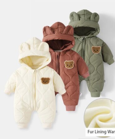  Winter Baby Outwear Clothing Fur Lining Warm Toddler Girl's Boy's Rompers Cartoon Bear Infant Jumpsuit