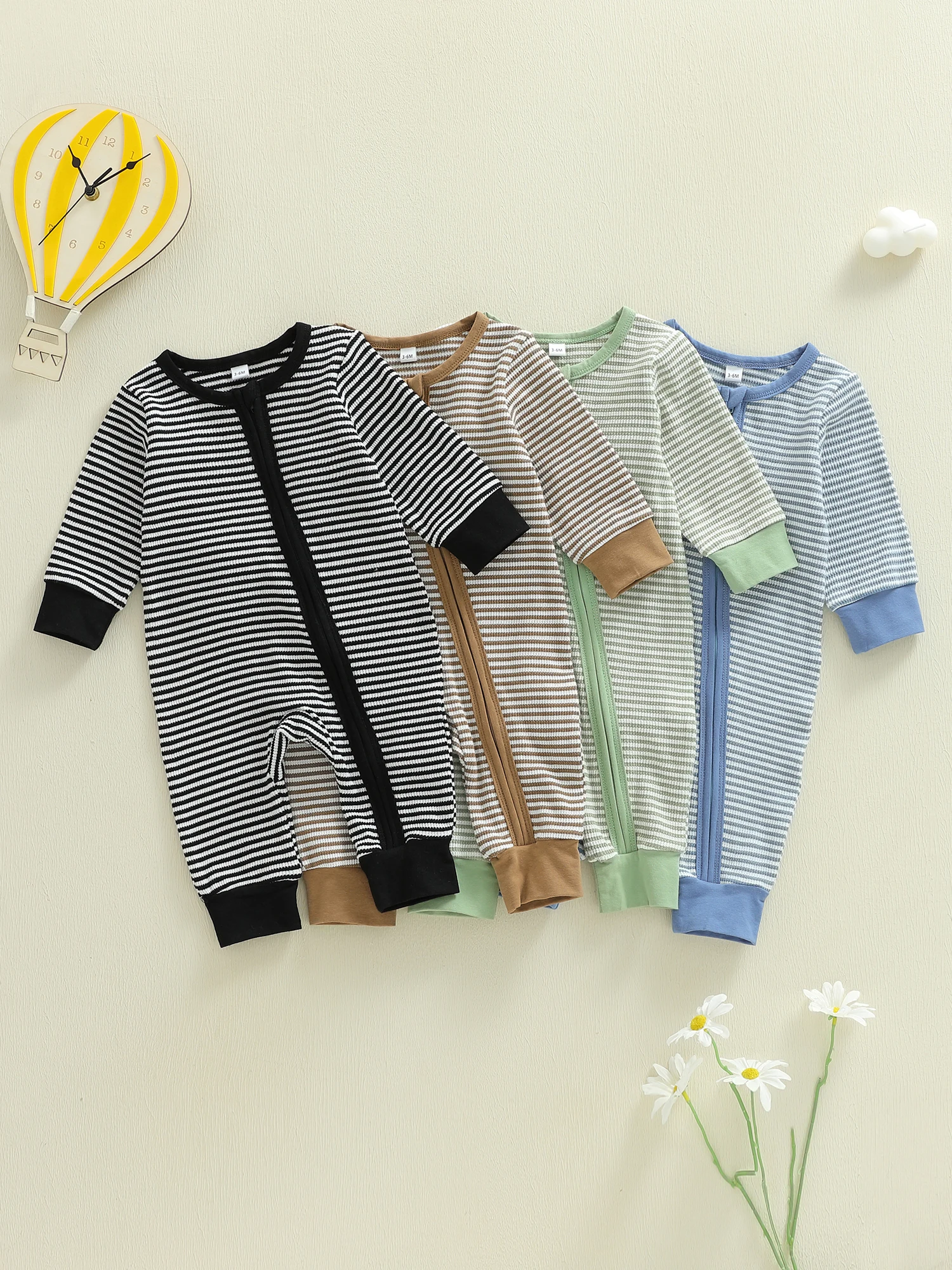 Infant Boy Striped Long Sleeve Zip Up Romper with Round Neck and Full Length Jumpsuit for Baby Boy