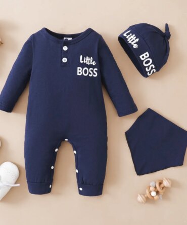 0-12 Months Newborn Baby Boy Bodysuit Toddler Baby Romper Long Sleeves Letter Print Jumpsuit+Hat Fashion Cute Style Daily Wear