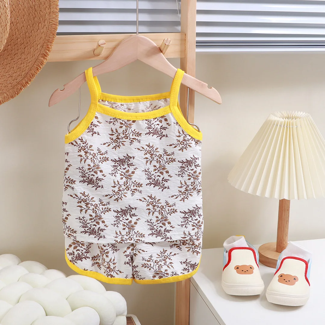 Summer Children Sling Shorts Set Fashion Flower Girls Kids Thin Breathable Pajamas Cute Cartoon Baby Toddler Home Clothes - Image 3