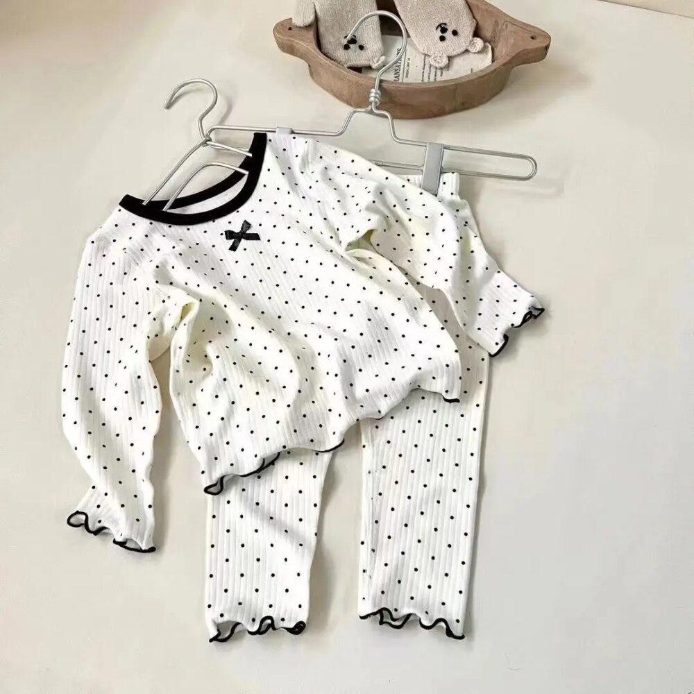 Korean Girls' Loungewear Set - Dot Bow Pajamas & Soft Cotton Homewear | Fall Toddler Outfit Toddler Girl Clothes