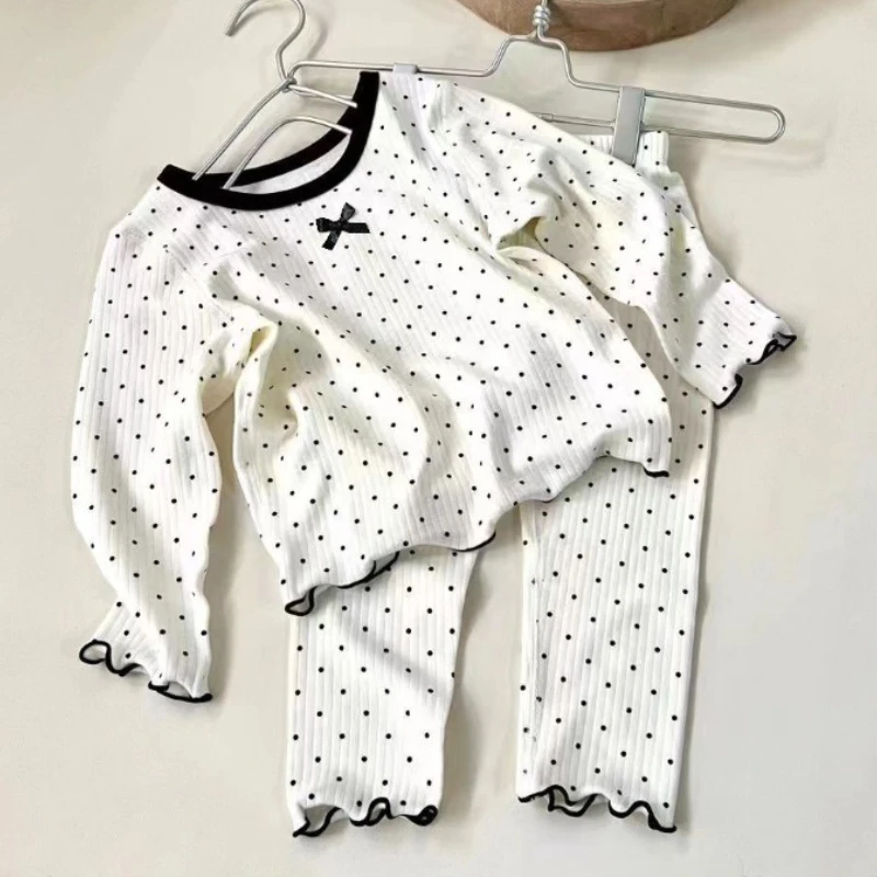 2pc Fashion Sweet Baby Set for Kids Girl Black Dot Style Bow Pajama Sets Spring Autumn Winter Soft Cotton Housewear Clothes