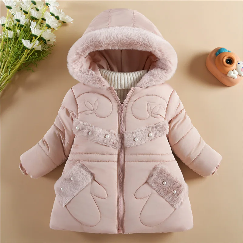 Autumn Winter Girls Fur Collar Jackets With Pockets Warm Hooded Cotton Coat Fashion Outerwear For Kids Casual Overcoat Clothes - Image 3