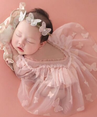 Ylsteed Newborn Girl Photoshoot Outfits Baby Girl Mesh Dress Romper with Headband One Hundred Days Infant Picture Outfits Props
