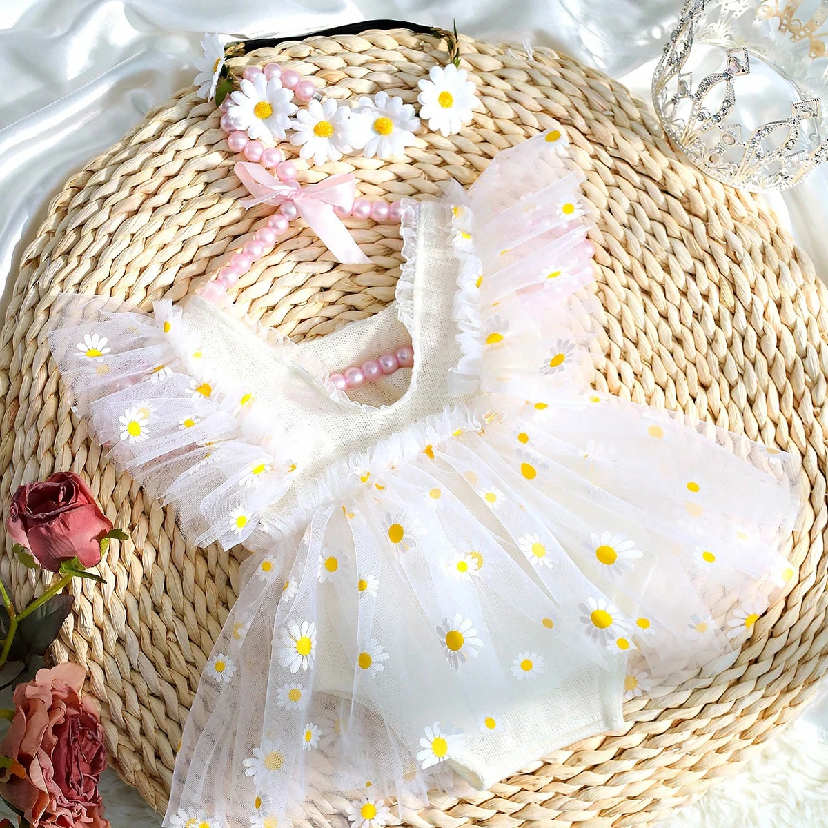 Ylsteed Newborn Girl Photoshoot Outfits Baby Girl Mesh Dress Romper with Headband One Hundred Days Infant Picture Outfits Props - Image 3
