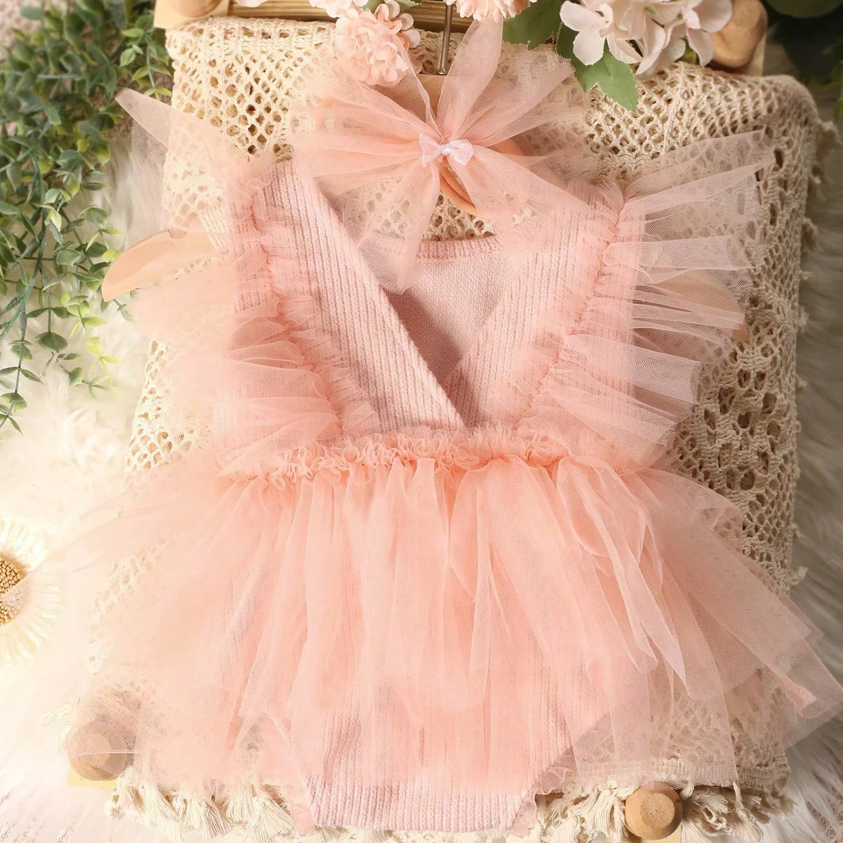 Ylsteed Violet Newborn Outfit for Pictures Knitted Infant Photography Romper with Matching Headbands Mesh Dress Portrait Props - Image 2