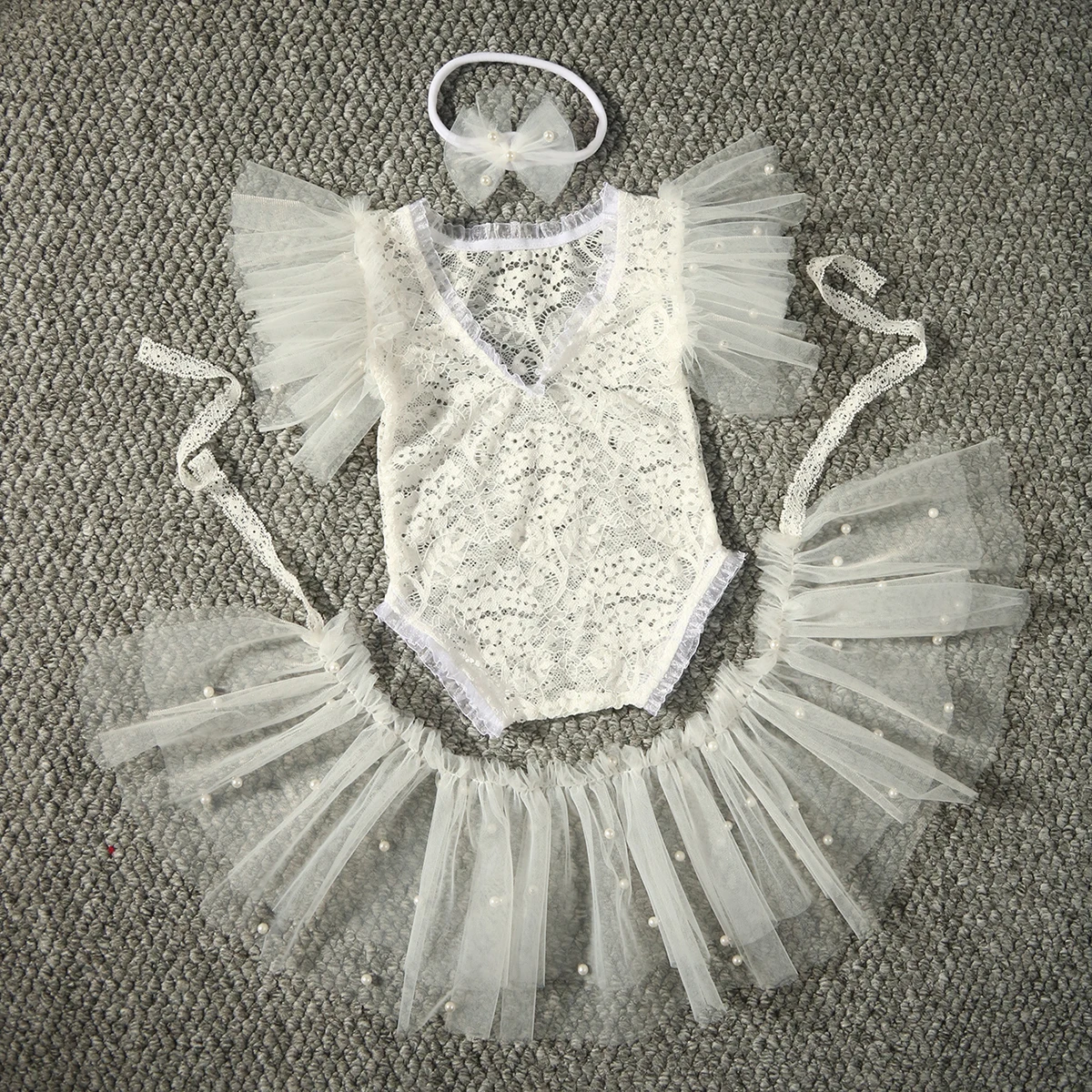 Ylsteed White Newborn Lace Photography Outfits Baby Girl Lace Romper with Pearl TUTU Skirt and Headband Infant Photo Shoot Prop - Image 3