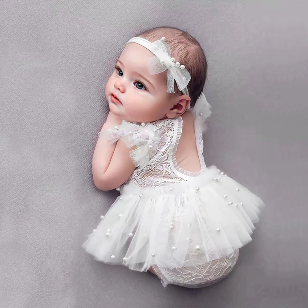 Ylsteed White Newborn Lace Photography Outfits Baby Girl Lace Romper with Pearl TUTU Skirt and Headband Infant Photo Shoot Prop