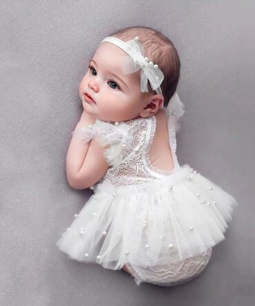 Ylsteed White Newborn Lace Photography Outfits Baby Girl Lace Romper with Pearl TUTU Skirt and Headband Infant Photo Shoot Prop