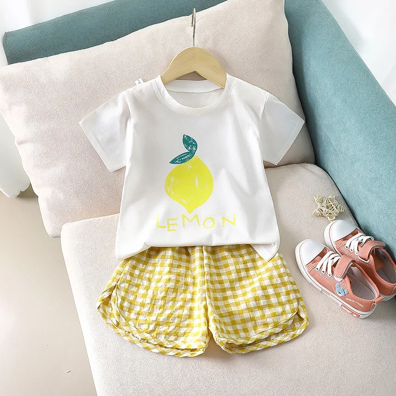 Fruit T-shirt Plaid Shorts Girls 2pc/set Summer Children's Clothes Cotton Kids Short Sleeved Suit Fashion Baby Clothing 1-6Y - Image 6