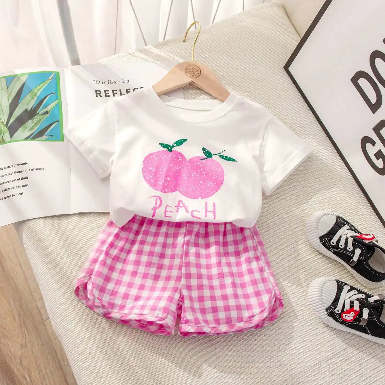 Fruit T-shirt Plaid Shorts Girls 2pc/set Summer Children's Clothes Cotton Kids Short Sleeved Suit Fashion Baby Clothing 1-6Y - Image 3