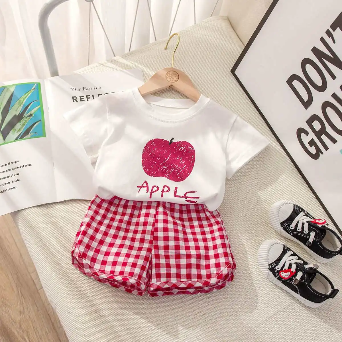 Fruit T-shirt Plaid Shorts Girls 2pc/set Summer Children's Clothes Cotton Kids Short Sleeved Suit Fashion Baby Clothing 1-6Y - Image 2