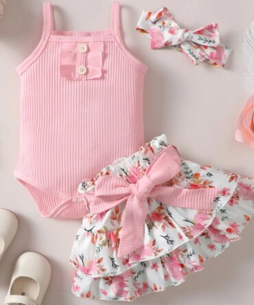 0-2 Year Old Newborn Baby Girls Summer Sleeveless Suspender Jumpsuit With Floral Print Short Skirt Cute Fashion Toddler Set