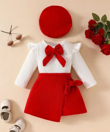 Baby Girls Clothes New Year Set 0-3Y Long Sleeve Big Bow Top Irregular Skirt and Beret 3Pcs Toddler Christmas Clothes