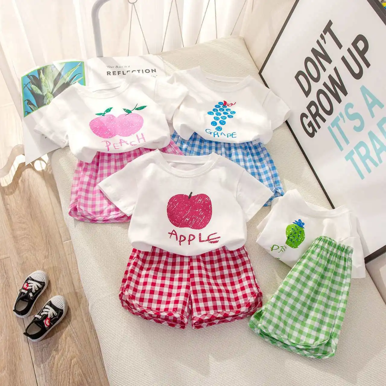 Children's Sets 2-piece Short-sleeved Round Neck Top+plaid Shorts Fruit Lemon Grape Cartoon Design Outer Wear Casual Summer