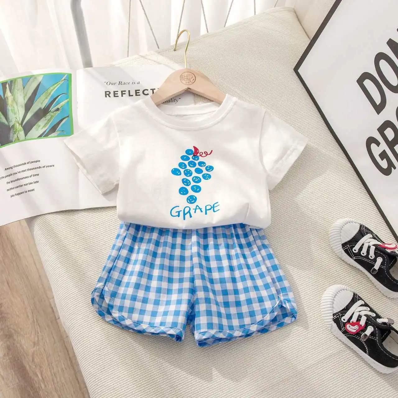 Children's Sets 2-piece Short-sleeved Round Neck Top+plaid Shorts Fruit Lemon Grape Cartoon Design Outer Wear Casual Summer - Image 5