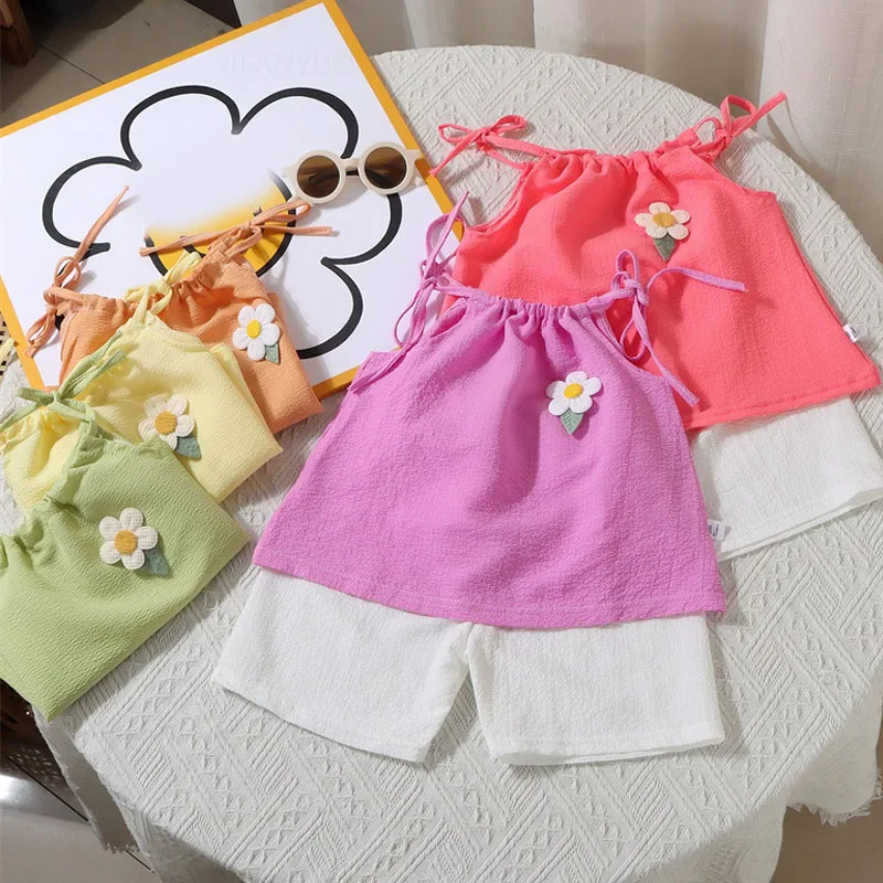 Girl Set Summer New Korean Fashionable Floral Vest+Shorts Daily Wear Two-piece Suits Kids Clothes Kids Outfit Children Clothing
