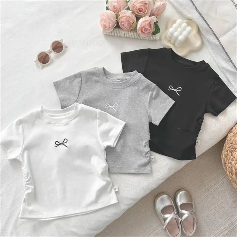 Korean Summer Bowknot Casual Short Sleeve T-shirts for Kids 0-12 Years Cotton Toddler Girl Tops Baby Girls Tees Students Clothes