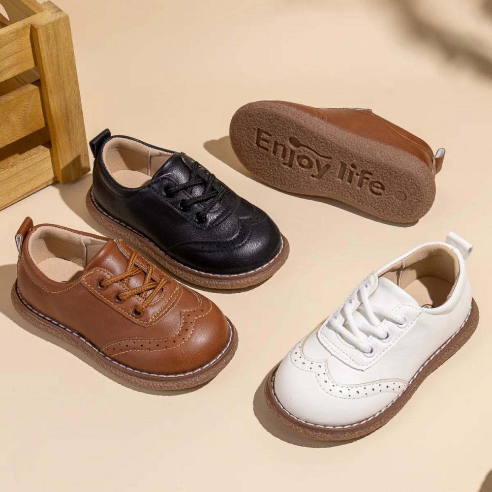 KIDSUN Children Retro Casual Leather Shoes Comfortable Breathable Rubber Soft Anti-Slip Flat Sole Lace Up Solid Color Flats Shoe