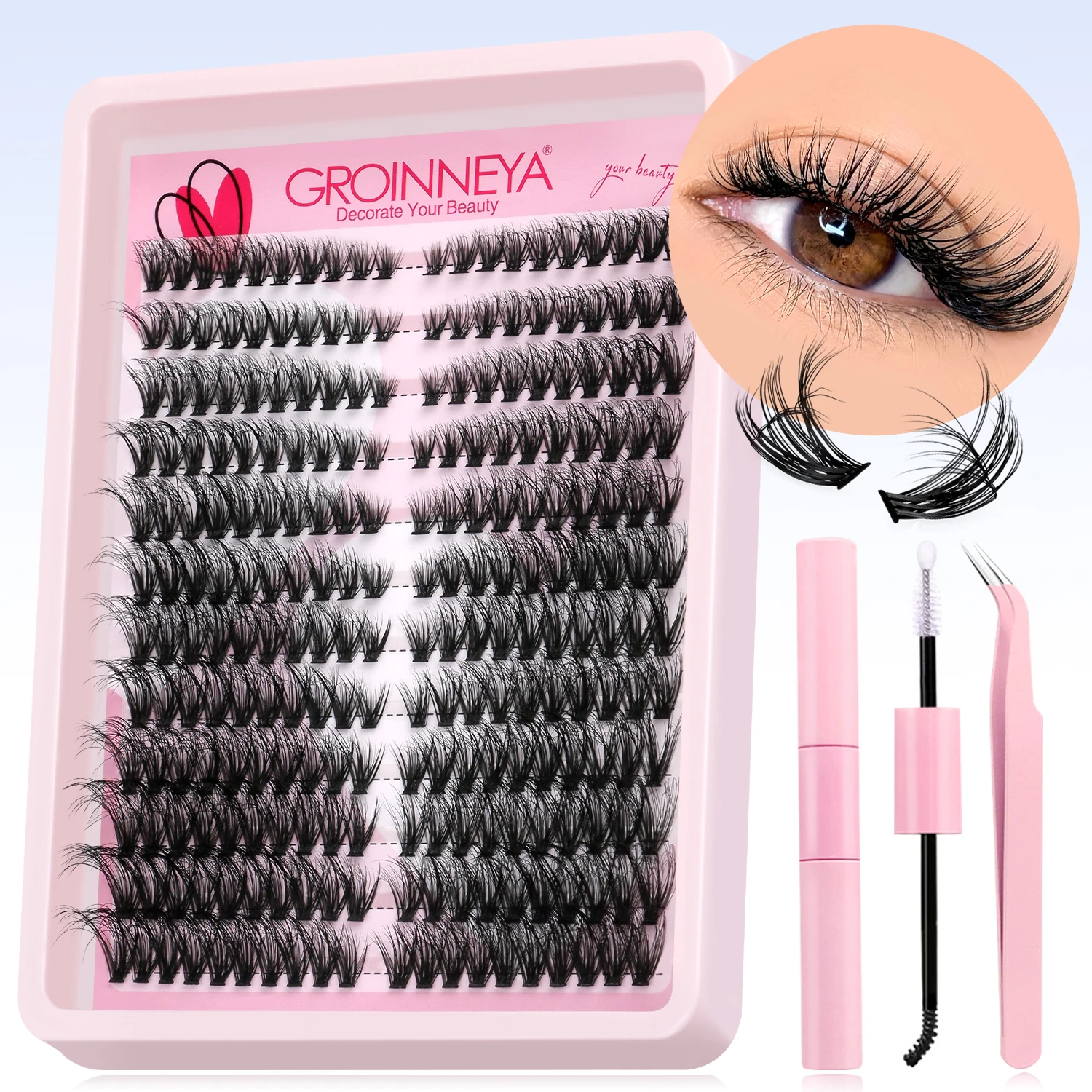 GROINNEYA Lashes Cluster Kit Cat Lashes DIY Lash Extension Kit Lash Bond & Seal Eyelash Clusters Set Makeup