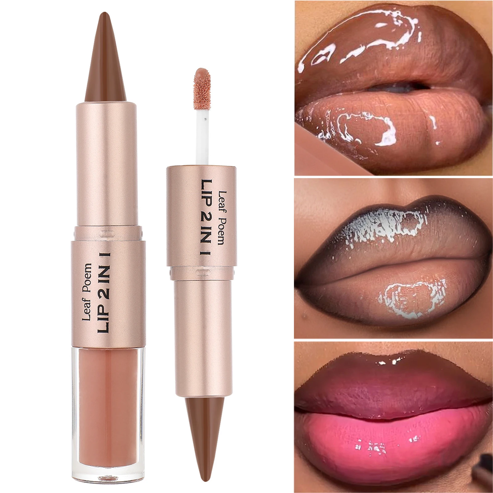 Black Brown Tapered Lip Liner Contour Pencil Double Head Mirror Plumping Lip Glaze Crystal Lip Gloss Red Lips Tint Makeup