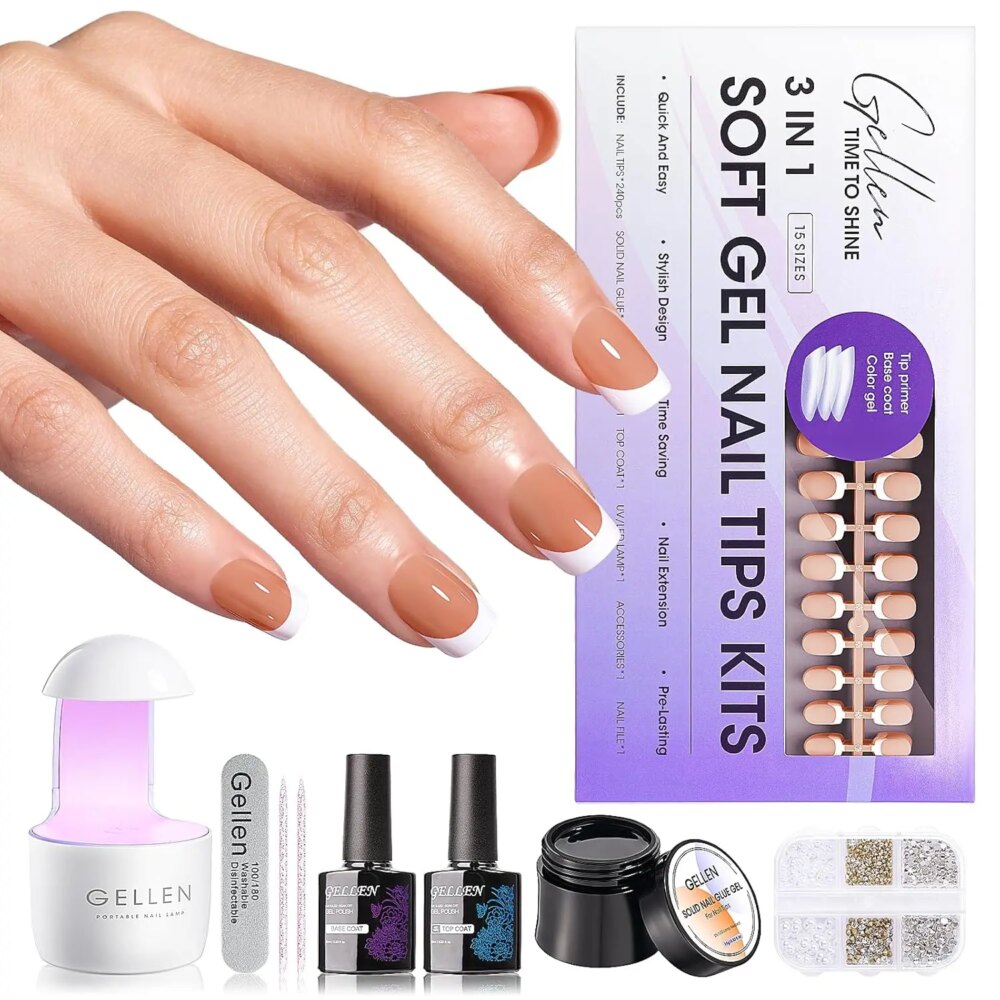 Gellen French Antibatcerial Gel Nail Polish Kit Set With Lamp for Manicure All Short Square on Tips 150pcs Soft Kit-brown Press