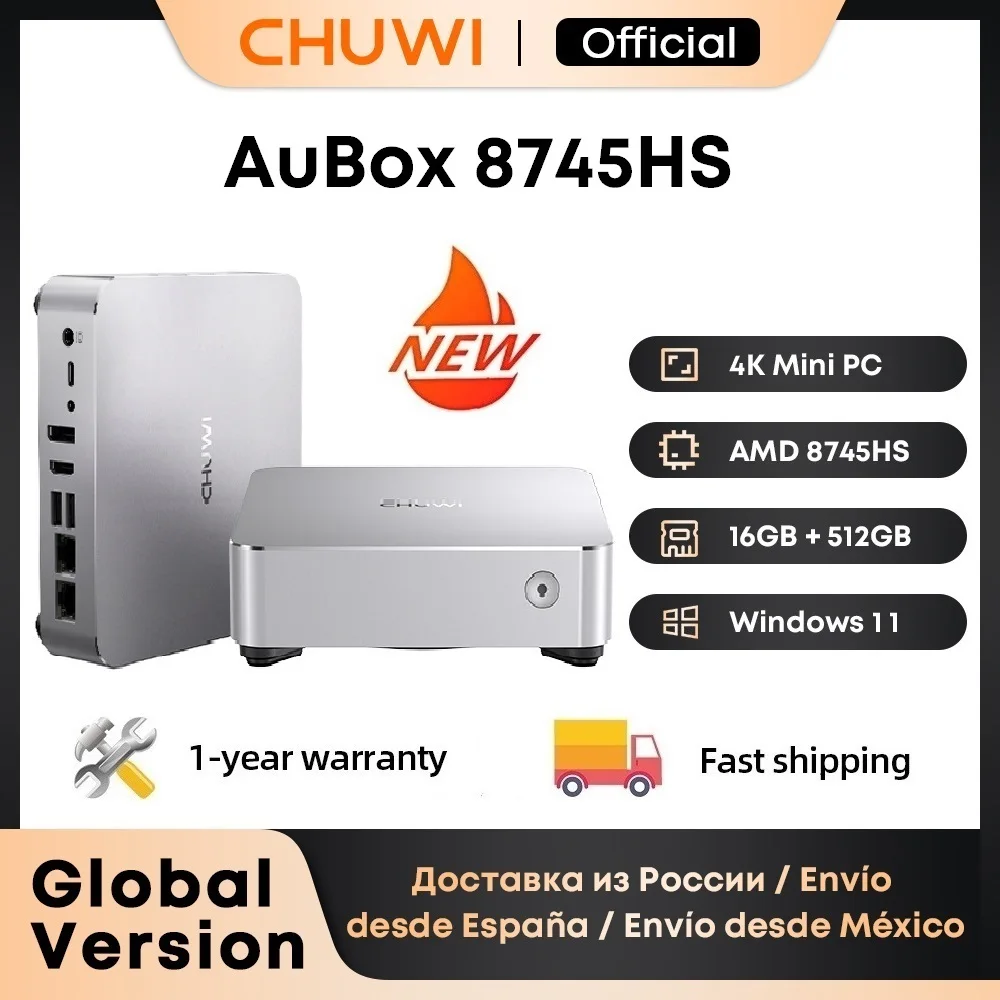 CHUWI AuBox Mini PC AMD Ryzen 7 8745HS 16GB DDR5 512GB SSD Windows 11 Pro 4K Display AI-Link WiFi 6 BT 5.1 Extend M.2 1T*2