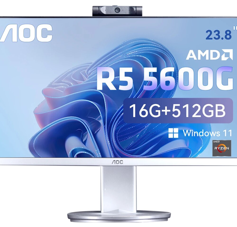 AOC All-in-One Business Desktop AMD R5 5600G 23.8" 16GB RAM 512 GB SSD Windows 11 Home Wi-Fi Adjustable Angle Office Work