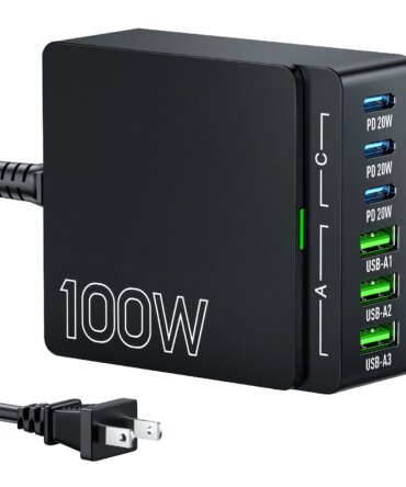 100W 6-Port GaN Quick Charge Hub - PD 3.0 Type C and USB A Charging Case - for Cell Phone Tablet Laptop