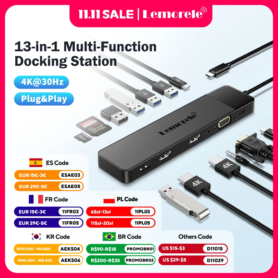 Lemorele 13Ports USB Hub Type C Hub USB Docking Station Dual HDMI 4K30Hz VGA USB3.0 Adapter for Macbook Windows Laptop Hub