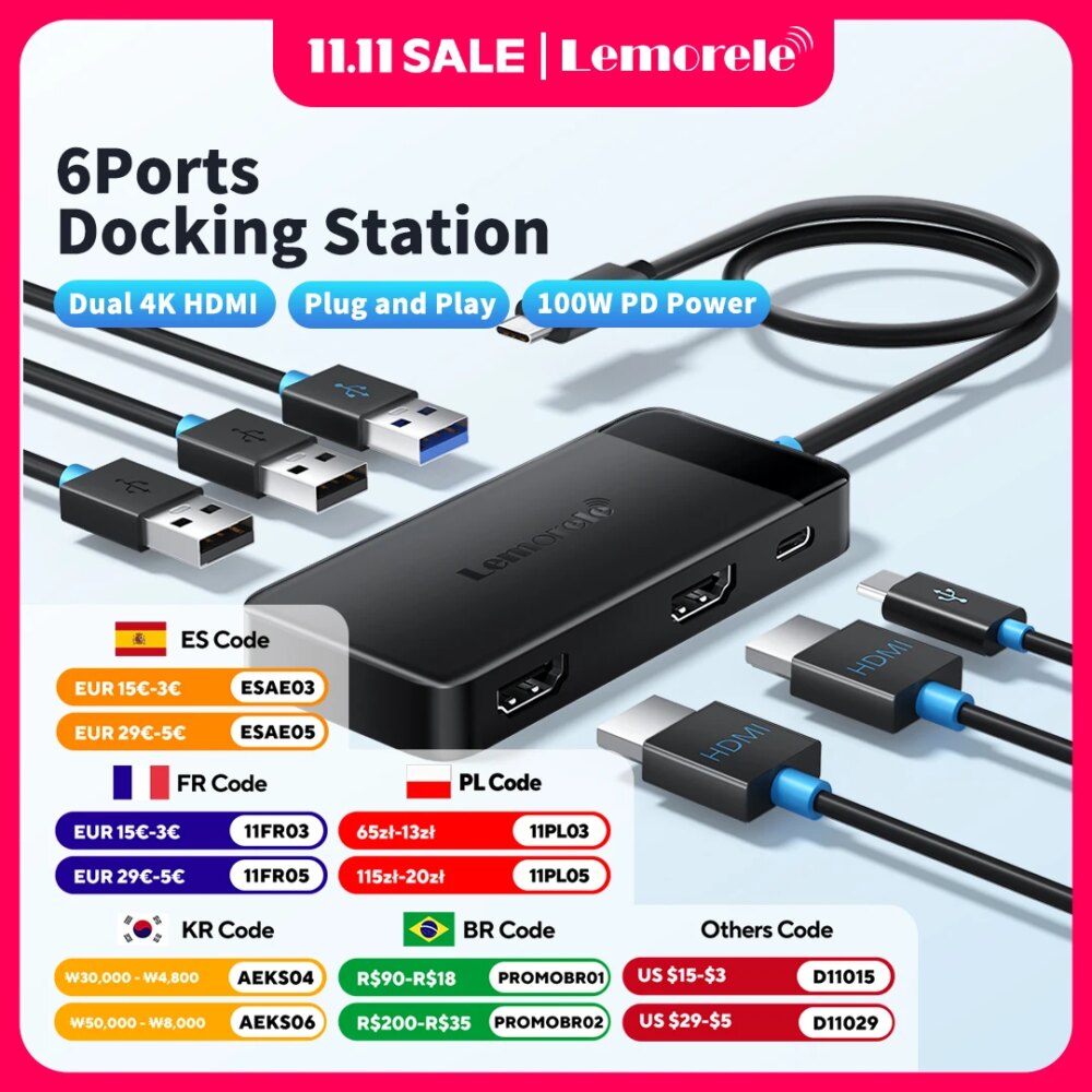 Lemorele TC122 USB C HUB Dual HDMI 4K Docking Station USB 3.0 PD 100W Type C Port for Macbook iPad M2 M1 Steam Deck
