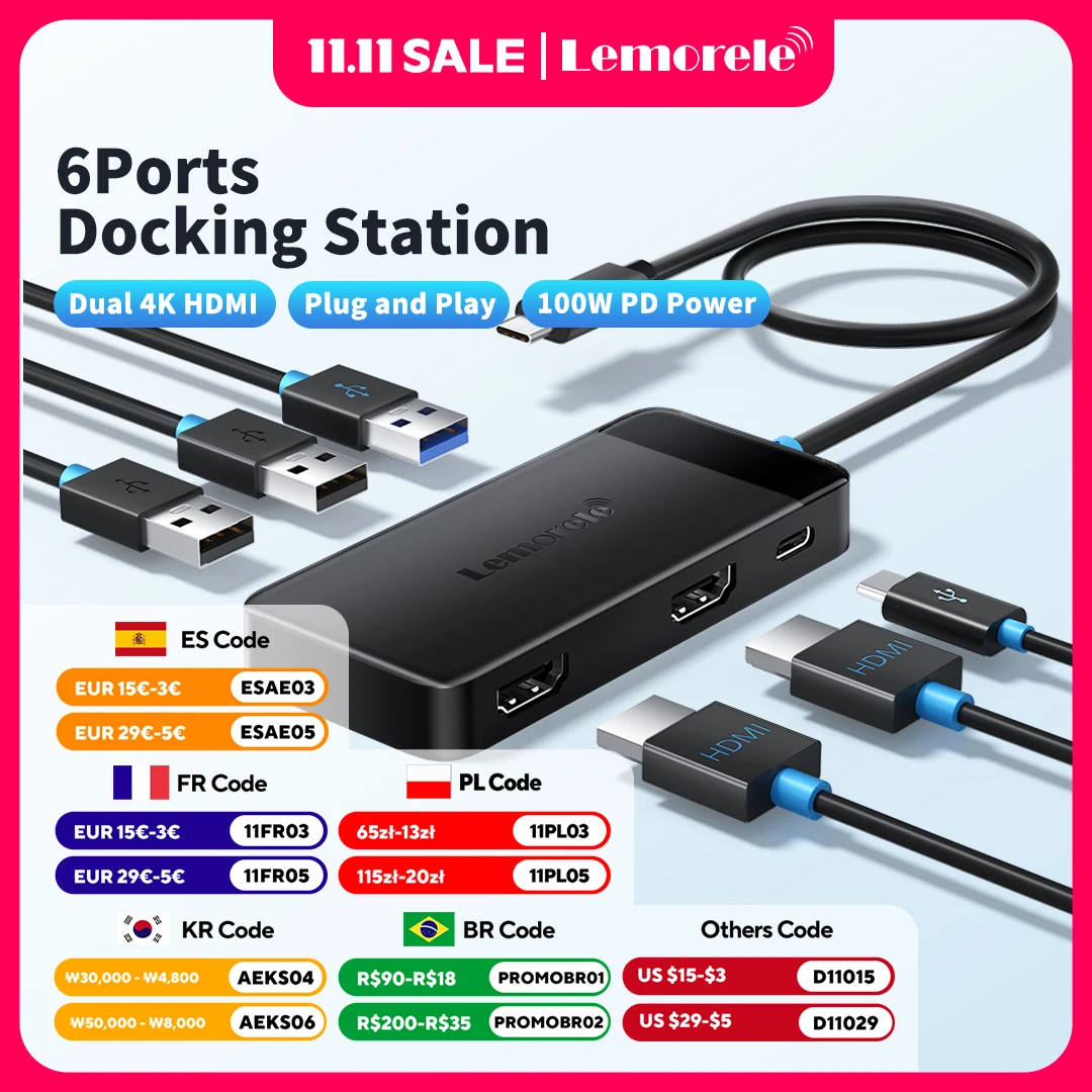 Lemorele TC122 USB C HUB Dual HDMI 4K Docking Station USB 3.0 PD 100W Type C Port for Macbook iPad M2 M1 Steam Deck
